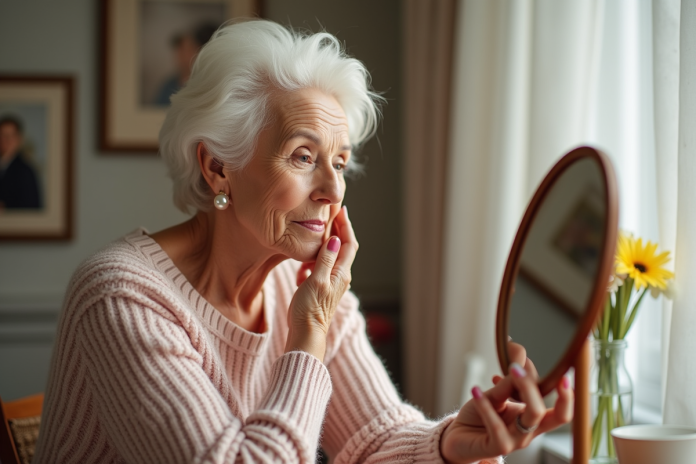 Femme âgée appliquant du blush dans un miroir lumineux