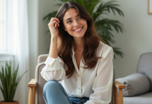 Cheveux attirants : quel type est le plus séduisant ? Jeune femme en blouse blanche et jeans dans un salon lumineux