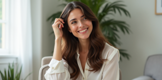Jeune femme en blouse blanche et jeans dans un salon lumineux