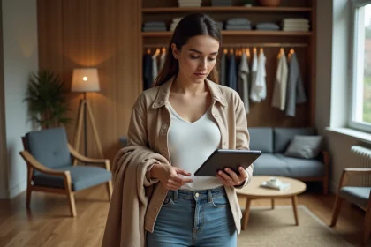 Femme stylée avec tablette de conversion de taille vêtement