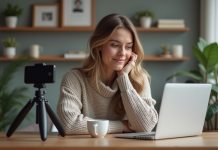 Devenir influenceur : est-ce difficile ? Découvrez nos astuces efficaces ! Jeune femme en homeoffice partageant des astuces en vidéo