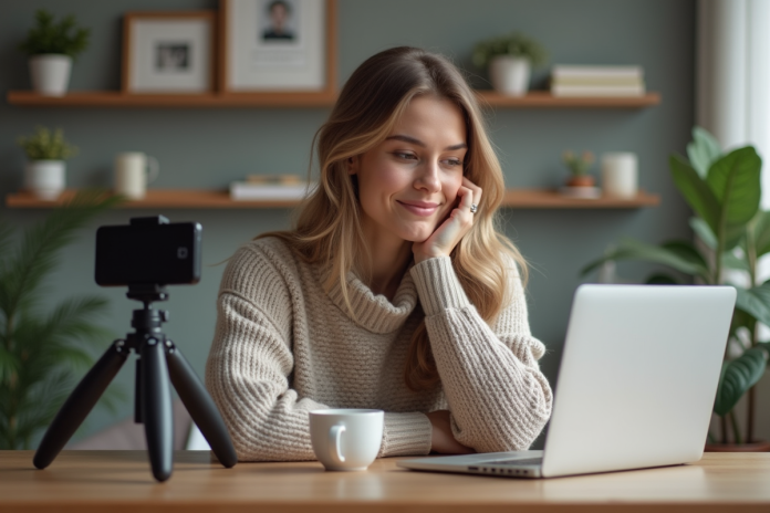 femme-enregistrement-video-homeoffice Jeune femme en homeoffice partageant des astuces en vidéo