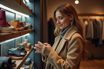 Femme en manteau d'hiver essayant des gants en boutique