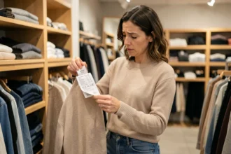 Femme examinant l'étiquette d'un vêtement mentionnant la marque Sonstiges dans un magasin de vêtements