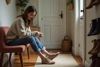 Femme assise lacent une chaussure dans l'entrée