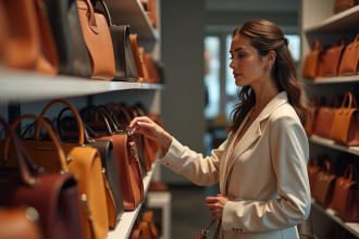 Femme élégante manipulant sacs de luxe en boutique