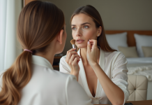 Fond de teint hydratant et base : ordre d’application optimal pour un maquillage parfait Femme appliquant du fond de teint dans son miroir