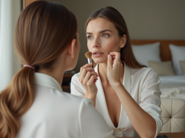 Femme appliquant du fond de teint dans son miroir