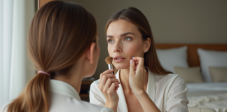 Fond de teint hydratant et base : ordre d’application optimal pour un maquillage parfait Femme appliquant du fond de teint dans son miroir