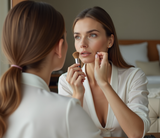 Femme appliquant du fond de teint dans son miroir