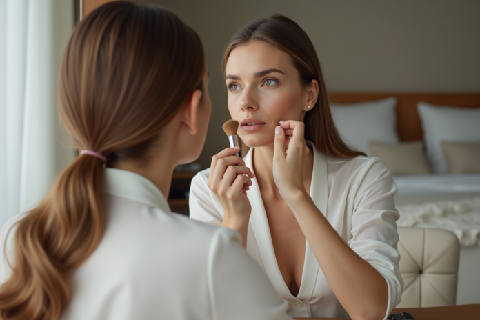 femme-maquillage-miroir Femme appliquant du fond de teint dans son miroir