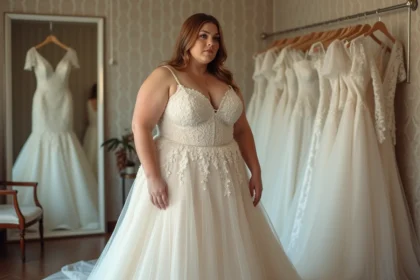 Femme ronde en robe de mariée en dentelle mal ajustée