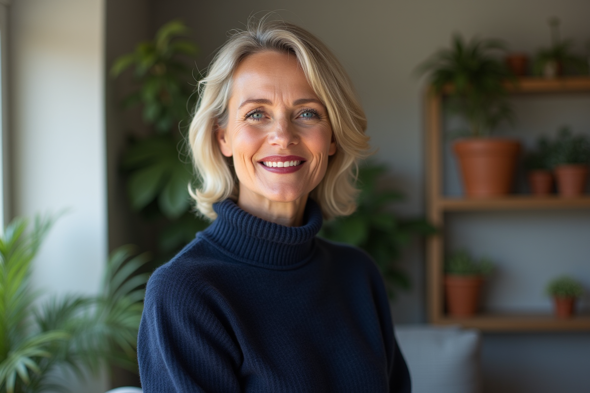 Femme mature souriant avec rouge à lèvres brillant