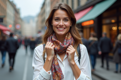 Femme élégante en ville portant foulard en soie coloré
