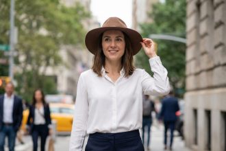 Femme élégante ajustant son chapeau dans la ville