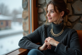Femme élégante ajustant un collier en intérieur hiver