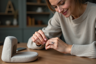 Femme en cashmere ajustant une bague en argent