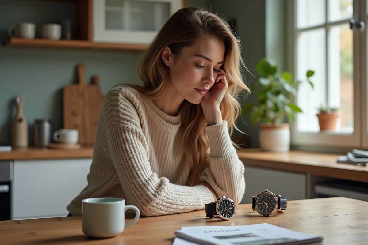 Femme au look décontracté compare deux montres dans la cuisine