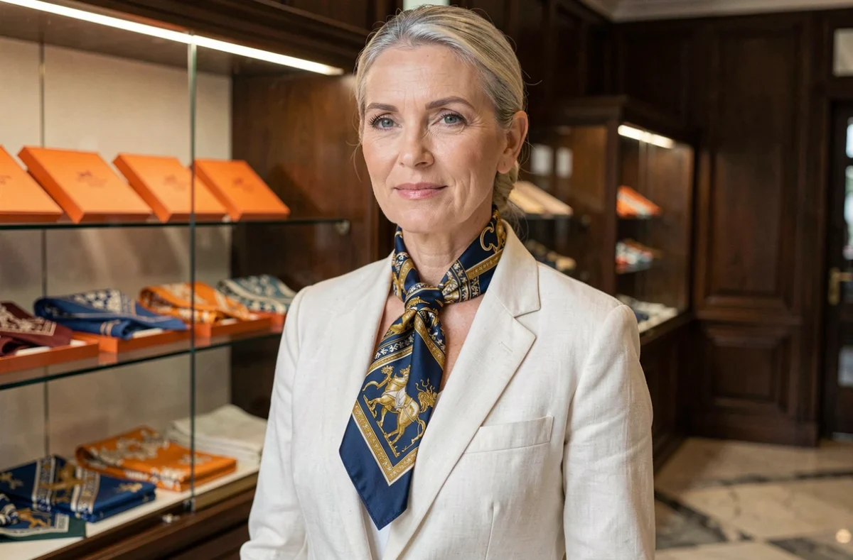 Femme élégante portant un carré Hermès vintage noué en ascot avec un blazer ivoire dans une boutique de luxe parisienne