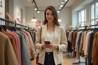 Femme préparant sa liste de courses pour les soldes dans une boutique de vêtements avec des étiquettes de réduction