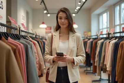 Femme préparant sa liste de courses pour les soldes dans une boutique de vêtements avec des étiquettes de réduction