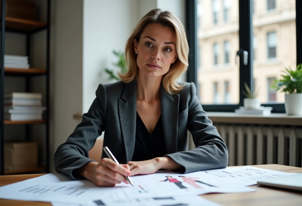 Femme d affaires examinant des croquis de mode dans un bureau