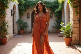 Femme ronde portant une robe longue terracotta dans une cour méditerranéenne, style élégant et silhouette mise en valeur