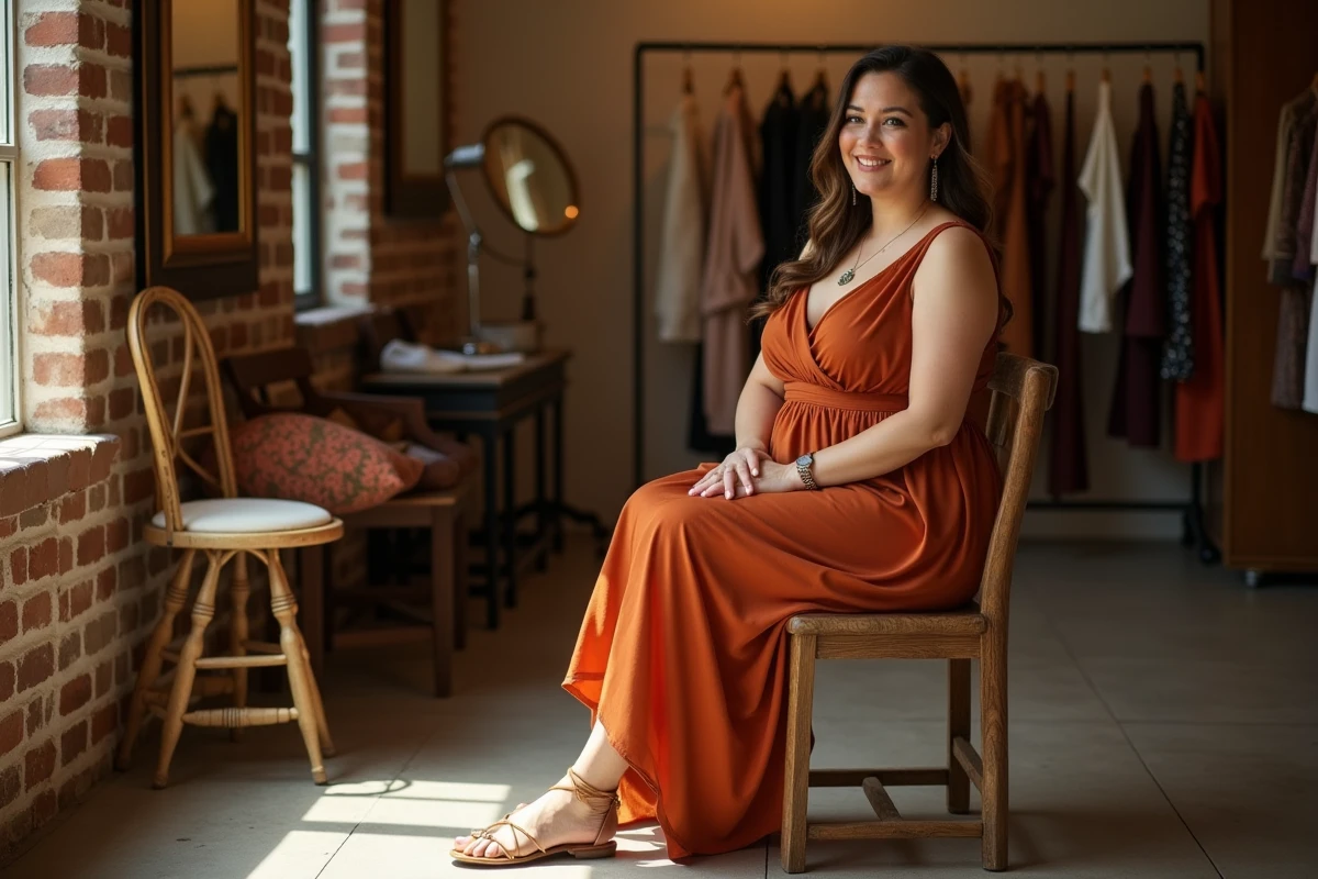 Femme ronde assise en robe longue terracotta dans une boutique vintage, essayage mode et conseils pour morphologie