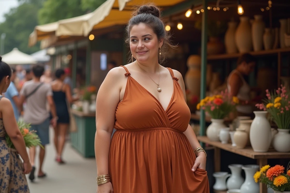 Femme ronde en robe longue terracotta au marché en plein air, look décontracté chic et conseils de style