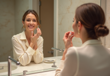Femme appliquant un rouge à lèvres rose en miroir