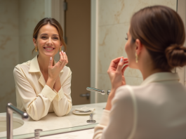 Femme appliquant un rouge à lèvres rose en miroir