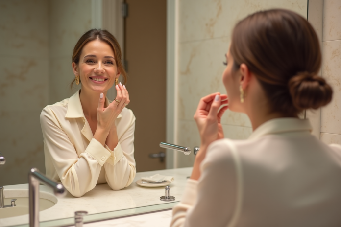 femme-rouge-a-levres-moderne Femme appliquant un rouge à lèvres rose en miroir