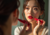 Femme appliquant rouge à lèvres devant un miroir naturel