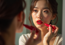 Femme appliquant rouge à lèvres devant un miroir naturel