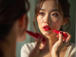 Femme appliquant rouge à lèvres devant un miroir naturel