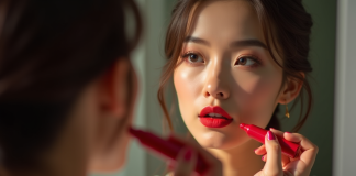 Femme appliquant rouge à lèvres devant un miroir naturel