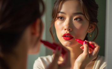 Rouge à lèvres : maîtriser l’art du maquillage pour des lèvres parfaites Femme appliquant rouge à lèvres devant un miroir naturel