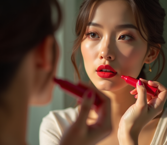 Rouge à lèvres : maîtriser l’art du maquillage pour des lèvres parfaites Femme appliquant rouge à lèvres devant un miroir naturel