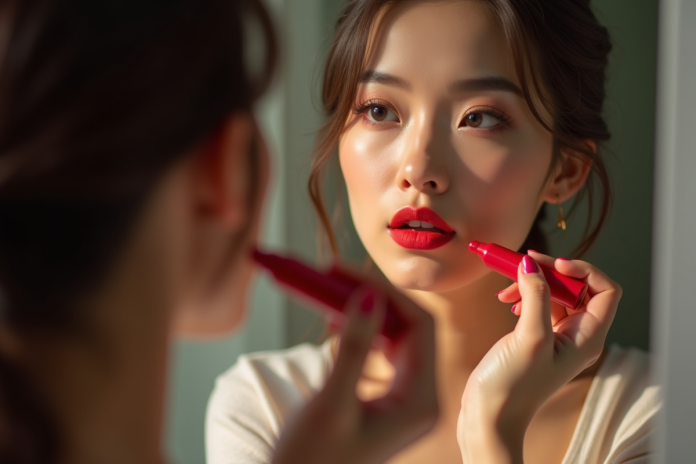 Femme appliquant rouge à lèvres devant un miroir naturel