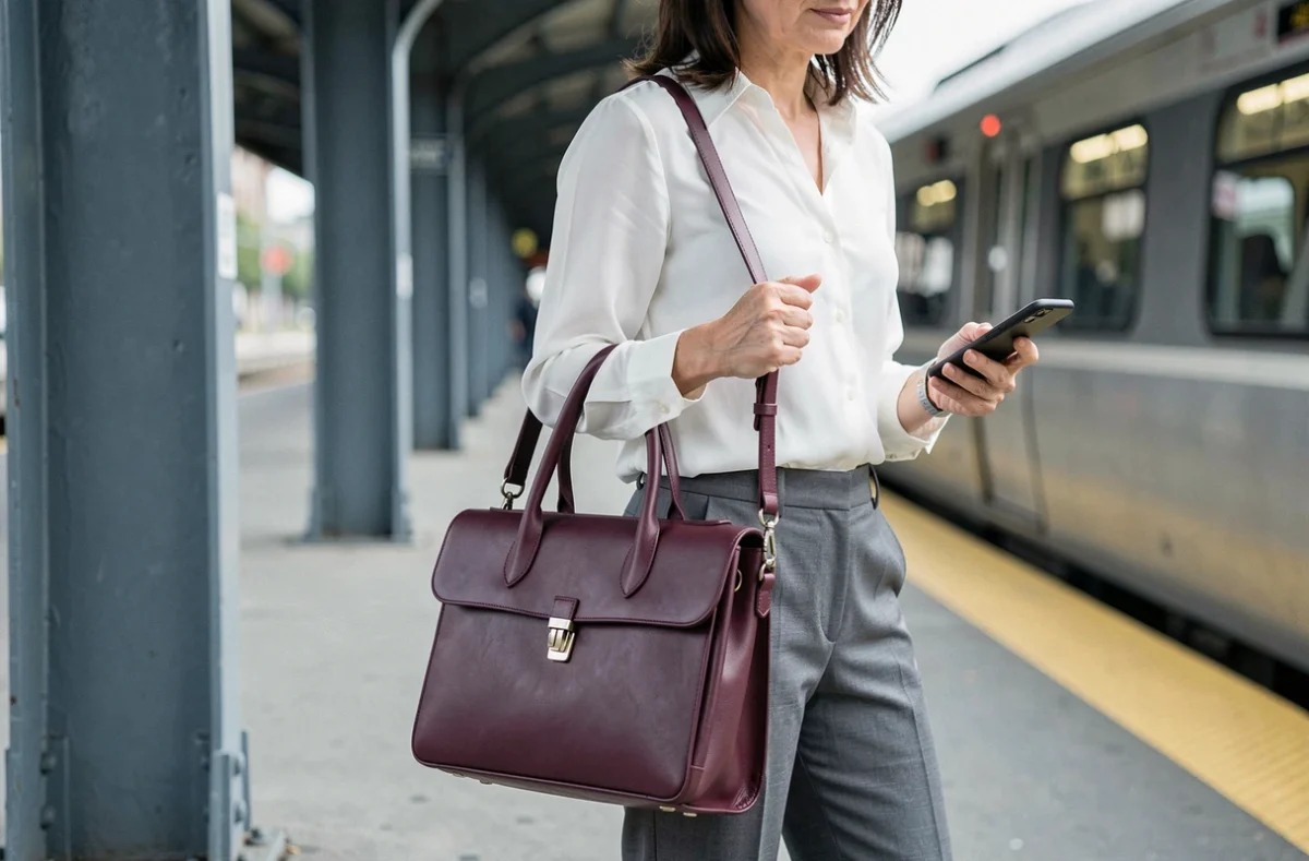 Femme d'affaires avec un sac en cuir bordeaux sécurisé sur un quai de train