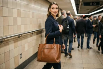 Femme professionnelle portant un sac en cuir cognac structuré dans une station de métro animée
