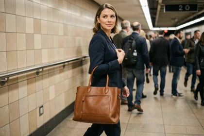 Femme professionnelle portant un sac en cuir cognac structuré dans une station de métro animée