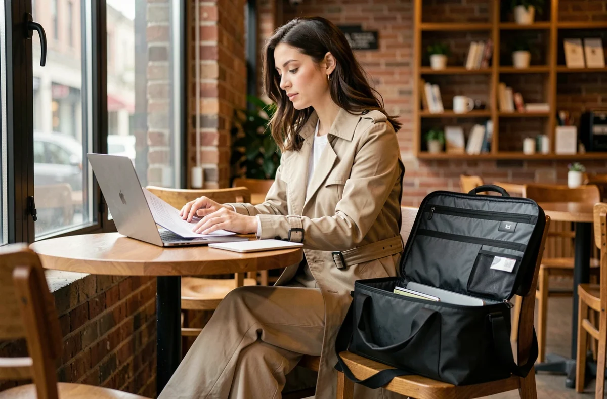 Femme organisée avec un sac de travail fonctionnel en nylon dans un café urbain