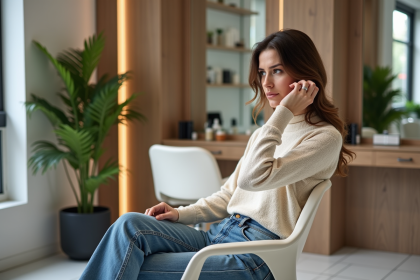 Femme regardant son reflet dans un salon moderne