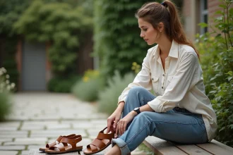 Femme assise dans un jardin compare deux paires de sandales