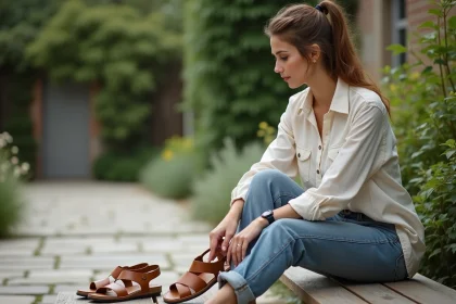Femme assise dans un jardin compare deux paires de sandales