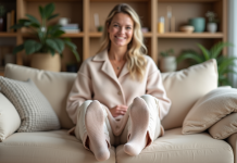Tendances 2025 : les chaussettes en pilou-pilou pour femmes à adopter absolument Femme souriante en loungewear avec chaussettes piloupilou confortables