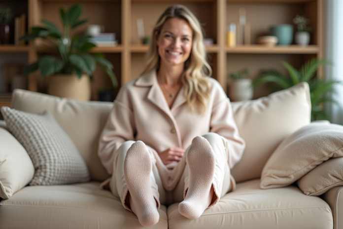 femme-sedentaire-paisible-piloupilou-socks Femme souriante en loungewear avec chaussettes piloupilou confortables