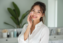 Produit pour bellle peau : Comment choisir soin efficace ? Femme appliquant un serum visage dans une salle de bain moderne