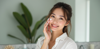 Produit pour bellle peau : Comment choisir soin efficace ? Femme appliquant un serum visage dans une salle de bain moderne